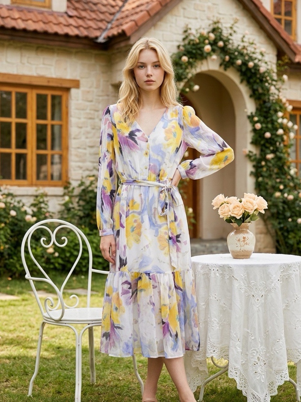 DKNY Yellow & Purple Watercolor Floral V-Neck Midi Dress